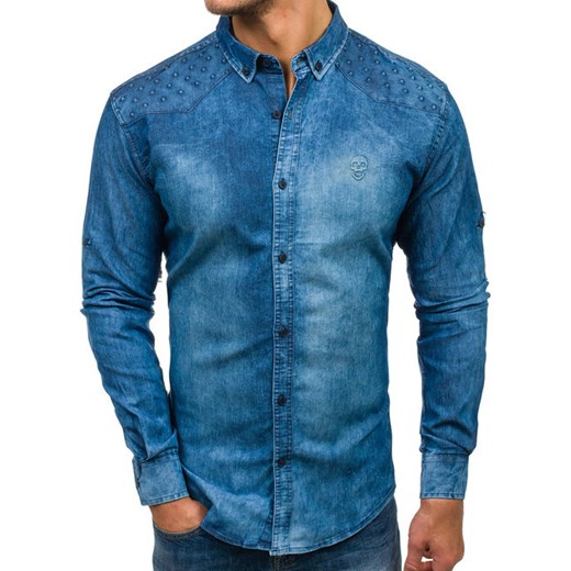 Koszula męska jeansowa z długim rękawem niebieska Denley 0540 Denley.pl  L Denley