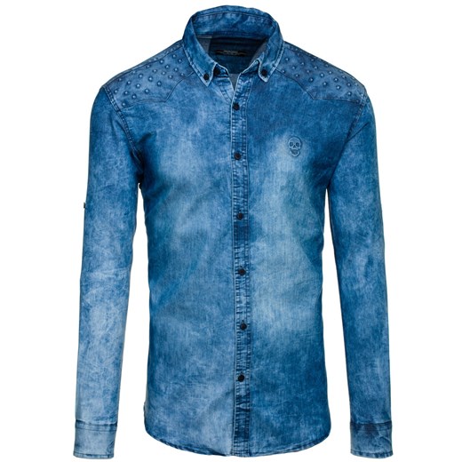 Koszula męska jeansowa z długim rękawem niebieska Denley 0540 Denley.pl  XL Denley