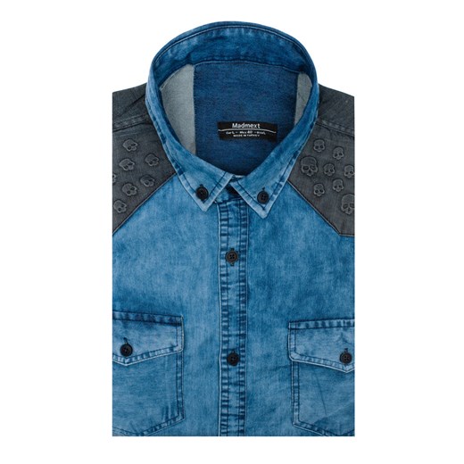 Koszula męska jeansowa we wzory z długim rękawem niebieska Denley 0517