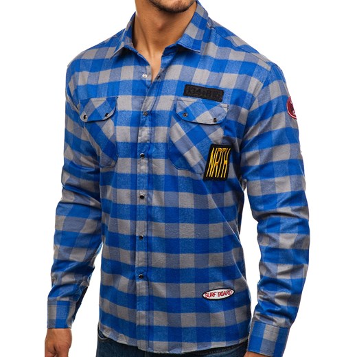 Koszula męska flanelowa z długim rękawem niebiesko-szara Denley 2503
