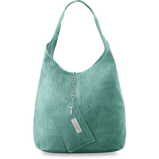 Skórzana torebka worek shopper bag - przeplatana made in italy -  turkusowy