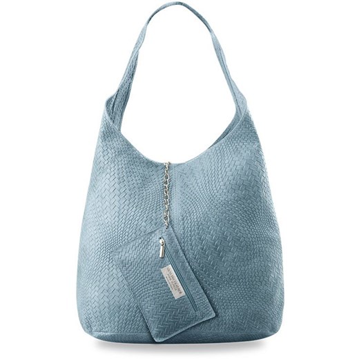 Skórzana torebka worek shopper bag - przeplatana made in italy - błękitny