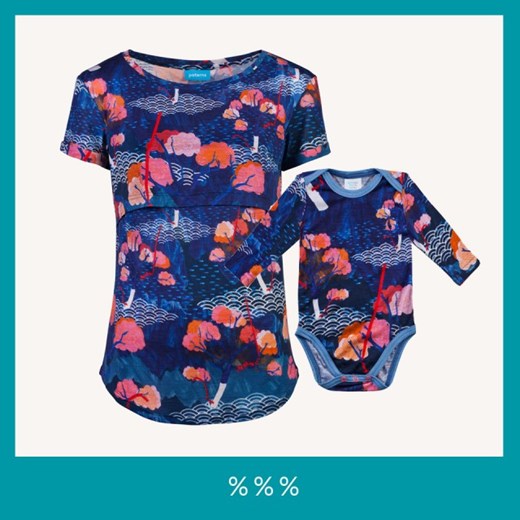 Zestaw dla mam karmiących t-shirt do karmienia i body dziecięce tengoku z wełny merino L + 80/86 Paterns L + 80/86