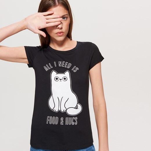 Cropp - Koszulka z kotem - Czarny Cropp  L 