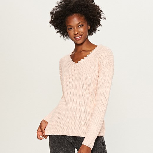 Reserved - Sweter z koronkowym dekoltem - Różowy  Reserved L 