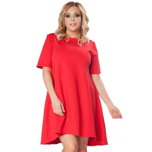 Czerwona Rozkloszowana Sukienka z Wydłużonym Tyłem PLUS SIZE