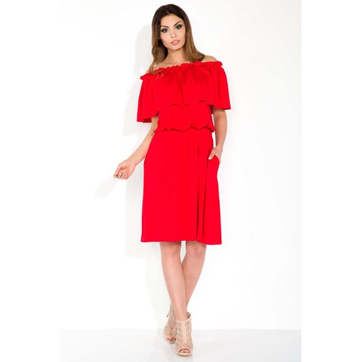 Czerwona Sukienka Midi z Hiszpańskim Dekoltem