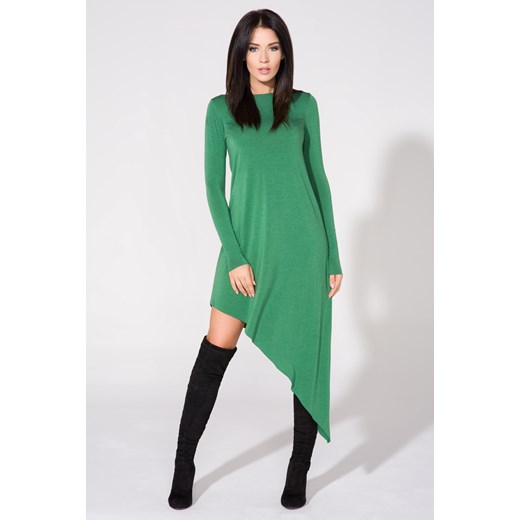 Zielona Sukienka Asymetryczna Dzianinowa z Długim Rękawem