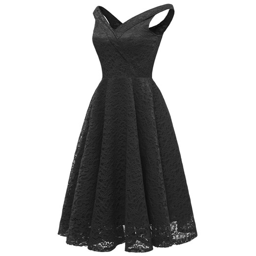 Sukienka Elegrina czarna bez rękawów rozkloszowana z poliestru midi z koronką 