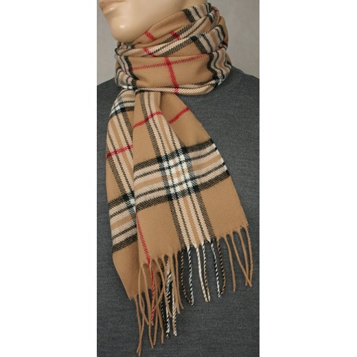 Beżowy Zimowy Męski Szalik - V.FRAAS - w Kratę Burberry, z Frędzlami  SZAAKR0597  V. Fraas  JegoSzafa.pl