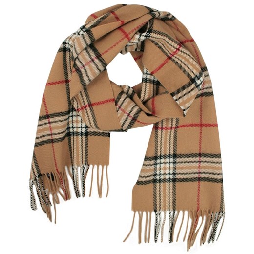 Beżowy Zimowy Męski Szalik - V.FRAAS - w Kratę Burberry, z Frędzlami  SZAAKR0597 V. Fraas   JegoSzafa.pl