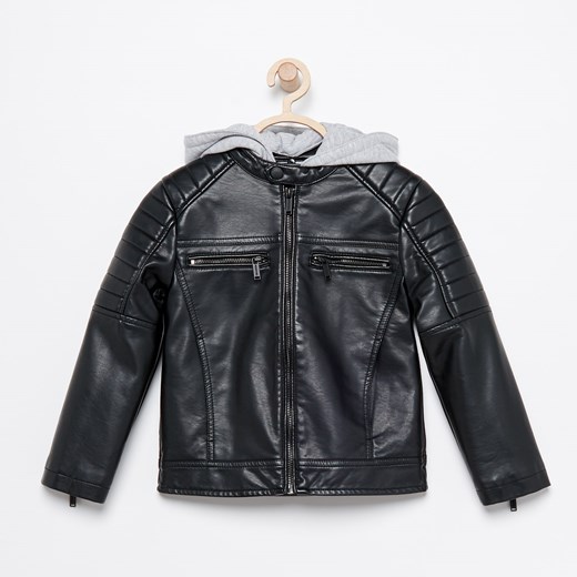 Reserved - Kurtka biker z dzianinowym kapturem - Czarny
