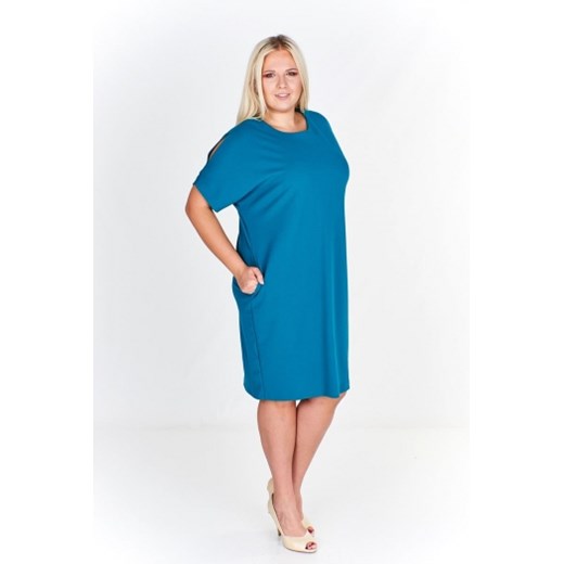 Sukienka Fokus dzienna bez wzorów niebieska z krótkim rękawem ołówkowa midi casual 