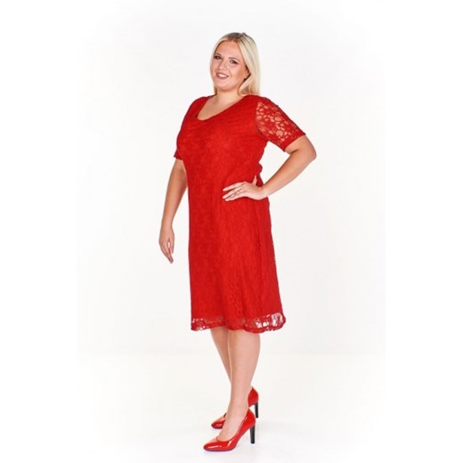 Sukienka Fokus z krótkim rękawem czerwona na sylwestra dla puszystych midi elegancka 