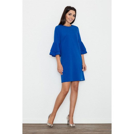 CM3261 Trapezowa sukienka z rękawami w falbany - niebieska