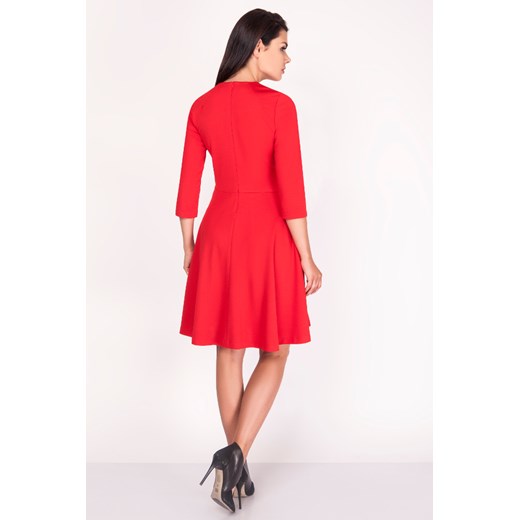 CM3373 Biurowa rozkloszowana sukienka midi - czerwona