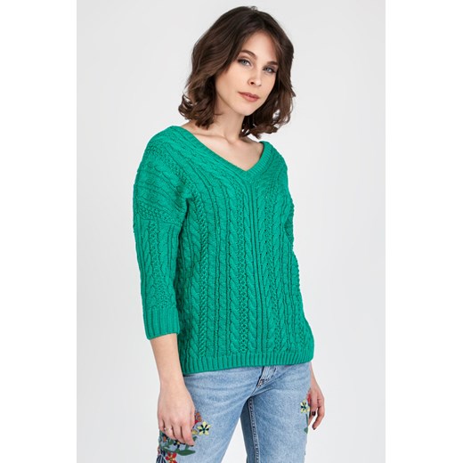 CM2436 Klasyczny sweter z opadającym ramieniem - zielony