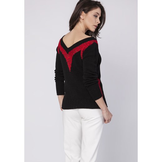 CM3521 Elegancki sweter z metalizowanej przędzy - czarny-czerwony
