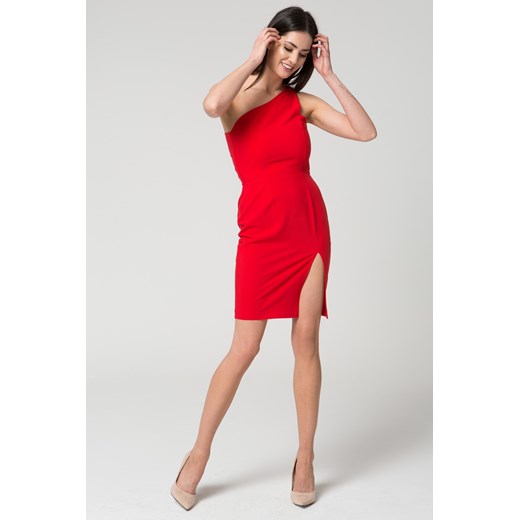 CM3685 Taliowana sukienka na jedno ramię - czerwona