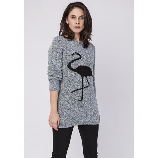 CM3863 Długi sweter z flamingiem - szary