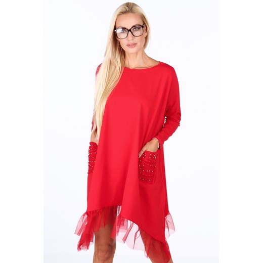 Oversizowa sukienka z falbanką czerwona 4024  fasardi XL fasardi.com