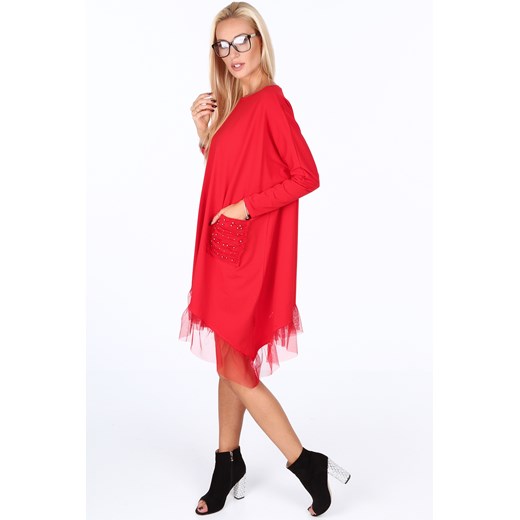 Oversizowa sukienka z falbanką czerwona 4024  fasardi S fasardi.com