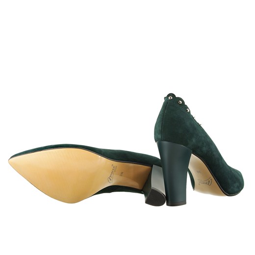Zielone czółenka Marco Shoes skórzane bez zapięcia na słupku z aplikacjami  casual 