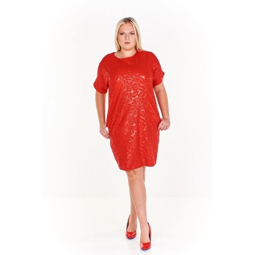 Sukienka Fokus czerwona elegancka z krótkim rękawem prosta 