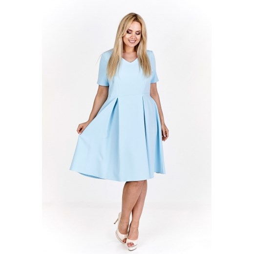 Sukienka Filloo niebieska midi z krótkim rękawem dzienna z dekoltem v bez wzorów 