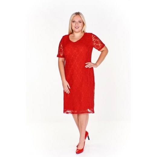 Sukienka czerwona Fokus midi elegancka dla puszystych z krótkim rękawem 