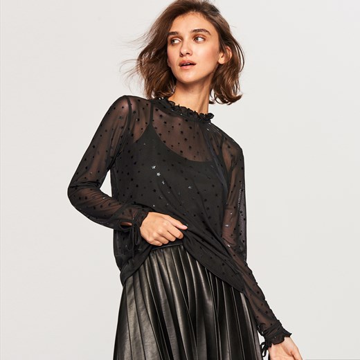 Bluzka damska czarna Reserved z długim rękawem z okrągłym dekoltem w abstrakcyjnym wzorze 