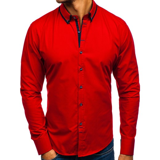 Koszula męska Denley bawełniana czerwona z długim rękawem gładka jesienna 