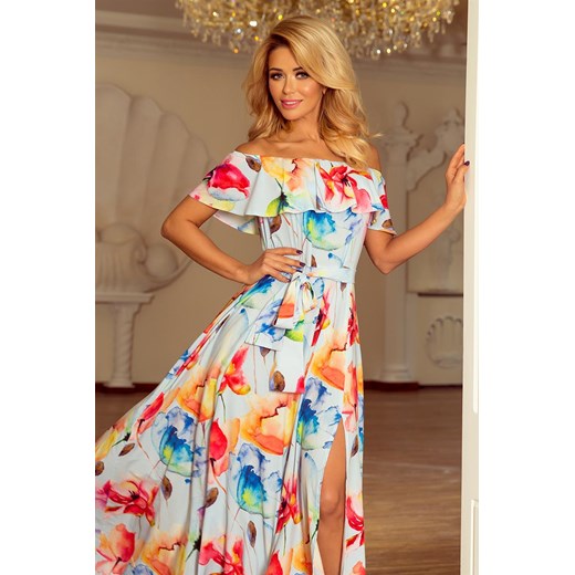 CONCHITA Długa suknia z hiszpańskim dekoltem - kolorowe malowane kwiaty  Numoco XL merg.pl