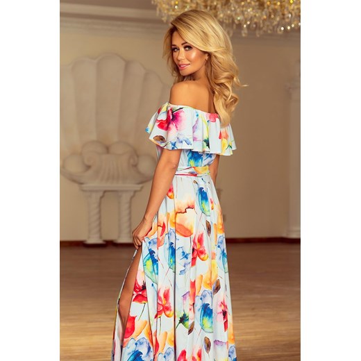 CONCHITA Długa suknia z hiszpańskim dekoltem - kolorowe malowane kwiaty Numoco  XL merg.pl