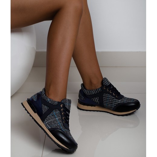 Sneakersy damskie sznurowane na koturnie sportowe niebieskie bez wzorów 