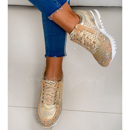 Sneakersy damskie płaskie złote sznurowane bez wzorów 
