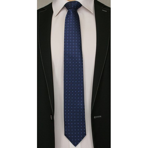 Granatowy Elegancki Krawat -Angelo di Monti- 7 cm, Męski, w Niebieski Kropki i Tłoczoną Kratkę KRADM1446  Angelo Di Monti  JegoSzafa.pl