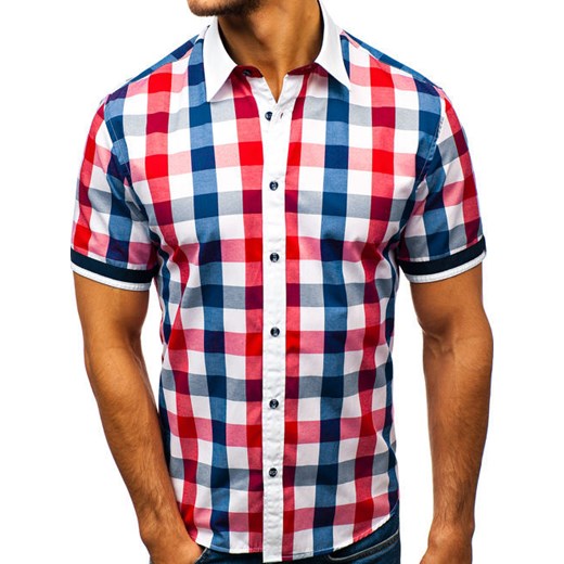 Koszula męska elegancka w kratę z krótkim rękawem czerwona Bolf 8901  Denley XL 