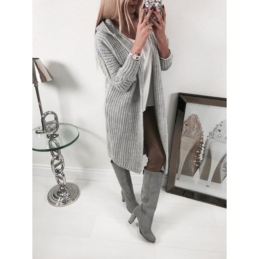 By o la la zjawiskowy modny długi kardigan sweterek z kapturem grey By O La La uniwersalny 4friko.pl