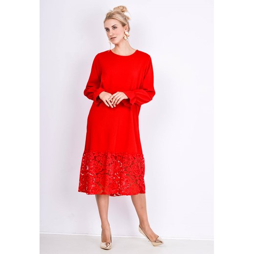 Sukienka Zoio midi czerwona wiosenna z okrągłym dekoltem z długim rękawem 