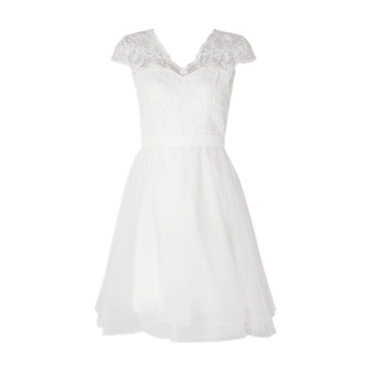 Sukienka Unique z krótkim rękawem biała na ślub cywilny z dekoltem w literę v elegancka midi 