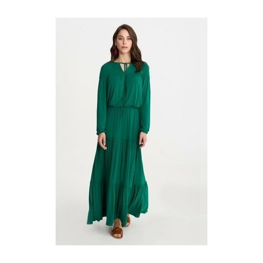 Sukienka Studio Erer maxi z długim rękawem zielona na karnawał wyszczuplająca z żabotem 