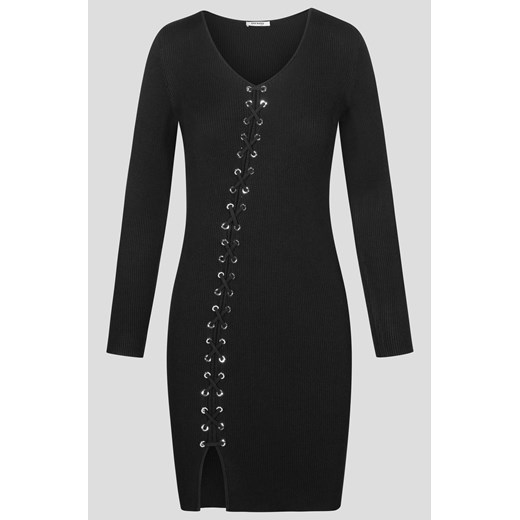 ORSAY sukienka mini dopasowana z dekoltem w literę v czarna na spacer z aplikacjami  