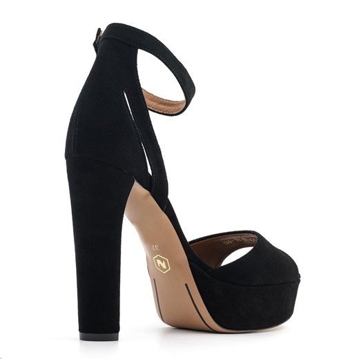 Czarne sandały damskie Neścior eleganckie bez wzorów na wysokim obcasie na platformie z klamrą zamszowe 
