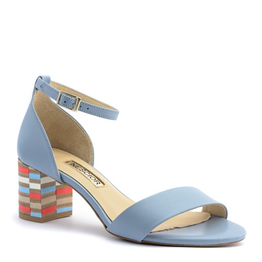 Niebieskie skórzane sandały na mozaikowym obcasie 23S ze sklepu NESCIOR w kategorii Sandały damskie - zdjęcie 59992505