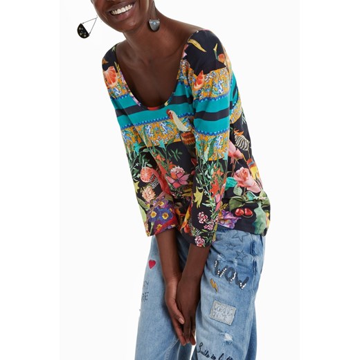 Desigual bluzka damska z okrągłym dekoltem w abstrakcyjne wzory casual z długim rękawem 