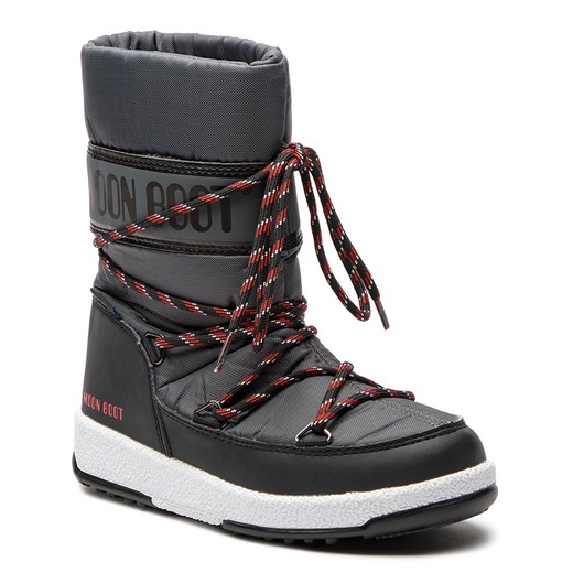Buty zimowe dziecięce Moon Boot śniegowce sznurowane z polaru z napisami 