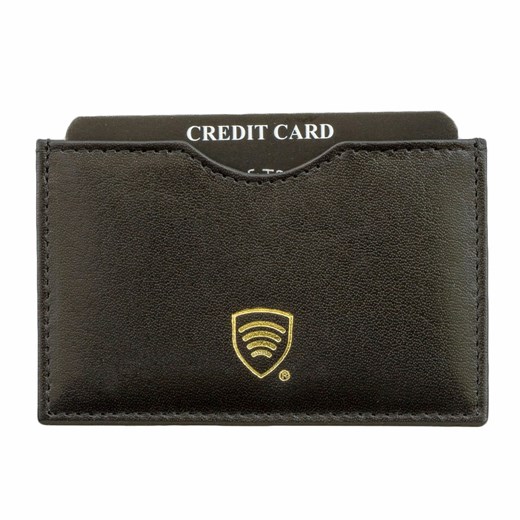 Etui ze skóry blokujące kartę płatniczą RFID ze złotym logo (Czarny)