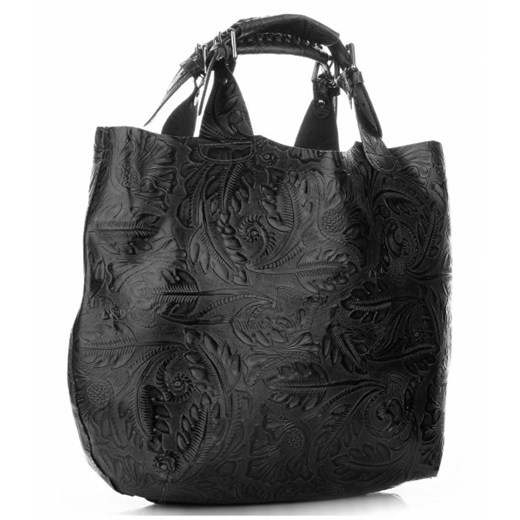 Brązowa shopper bag Genuine Leather ze skóry bez dodatków casual duża z tłoczeniem 