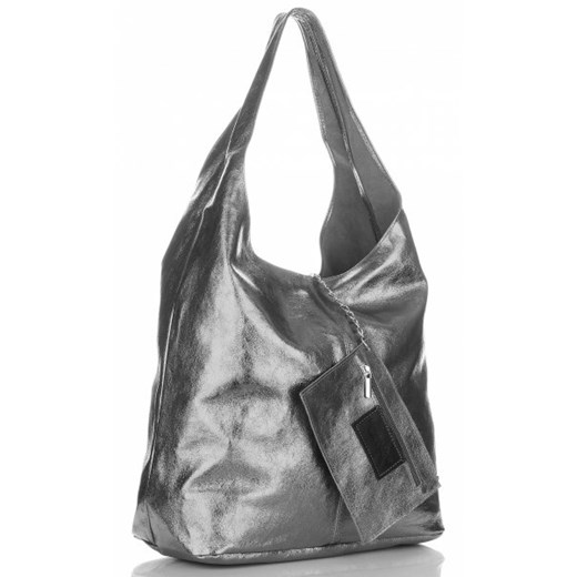 Shopper bag Vittoria Gotti skórzana srebrna na ramię 